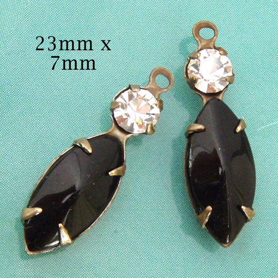 black vintage glass navette beads with crystal rhinestones