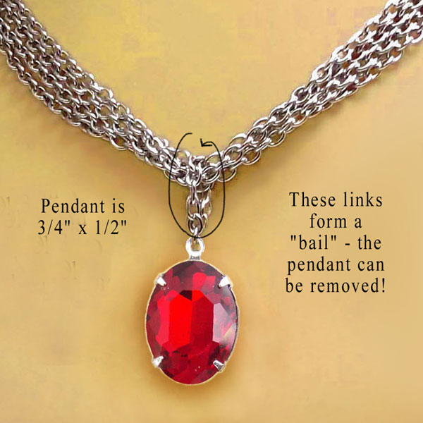 red oval pendant with multiple silver chains...and the pendant is removable