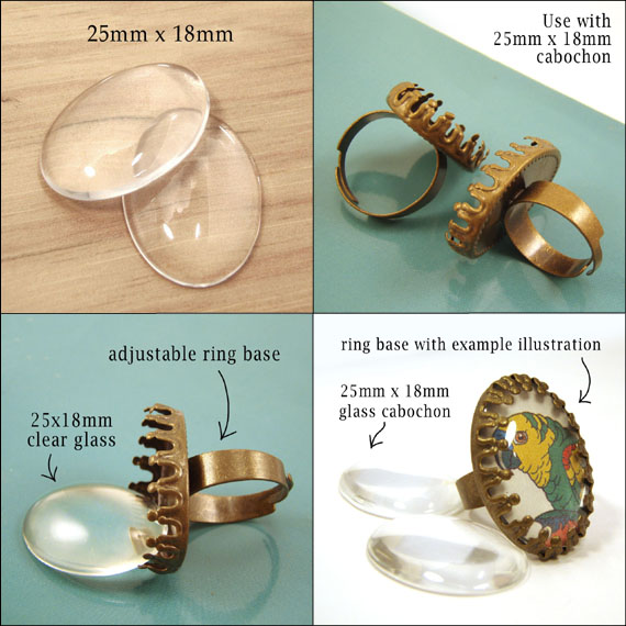 antiqued brass adjustable ring base and clear glass cabochon