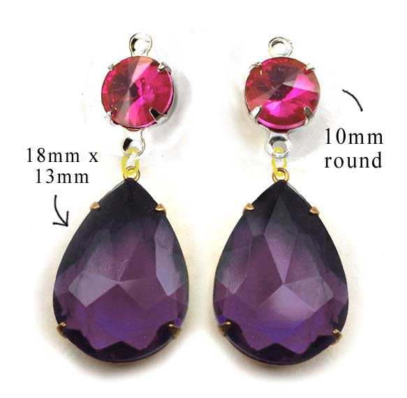 DIY earring design featuring rhinestone teardrops and crystal rounds in fuschia pink
