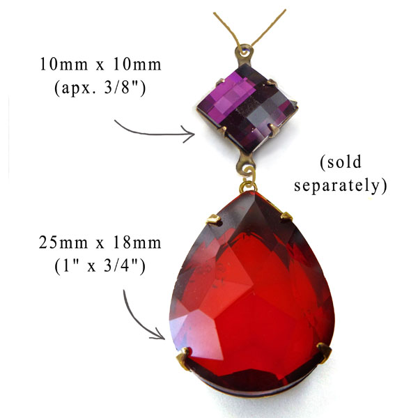 necklace design idea featuring a red rhinestone pear or teardrop, and an amethyst purple square diamond gem