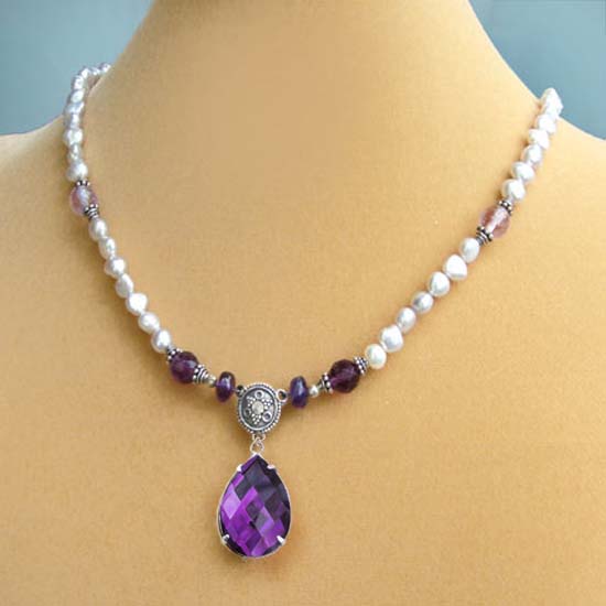 DIY necklace design idea featuring a rhinestone teardrop with freshwater pearls and gemstone amethyst with sterling silver