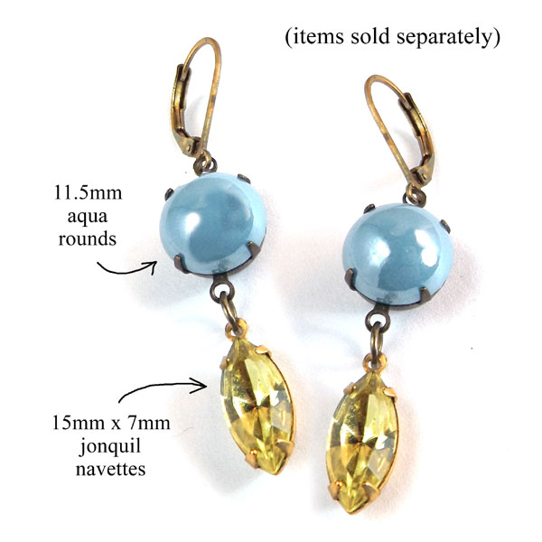 earrings design idea featuring opaque round glass cabochons paired with faceted jonquil navette glass gems
