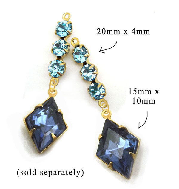 aqua glass connector and montana sapphire diamond shaped glass gems paired for an easy to use earring design idea