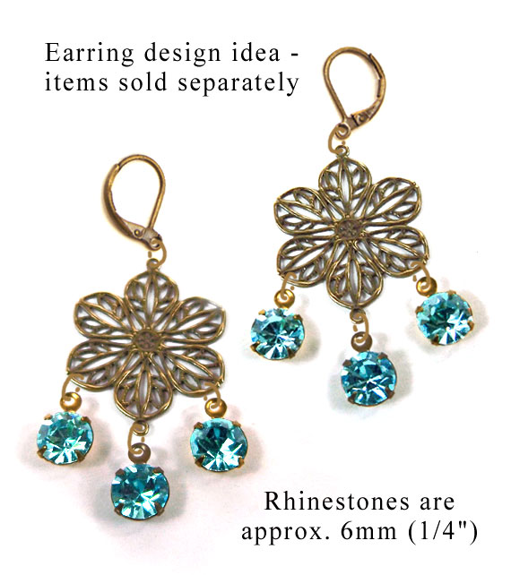DIY earring design idea featuring aqua rhinestone gems and brass filigree flowers