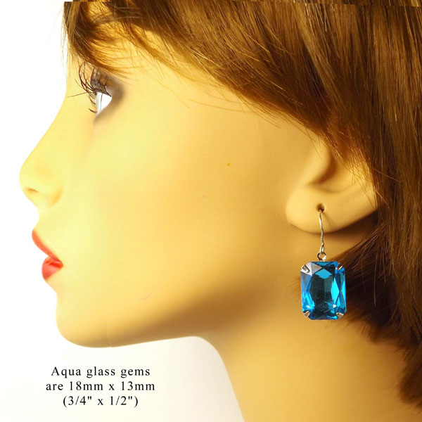 aqua earrings made with faceted 18mm x 13mm octagon glass gems