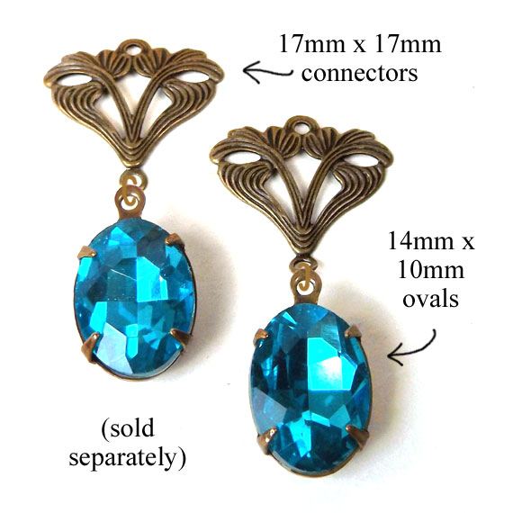 earring design idea featuring aqua oval rhinestone jewels paired with brass filigree connectors