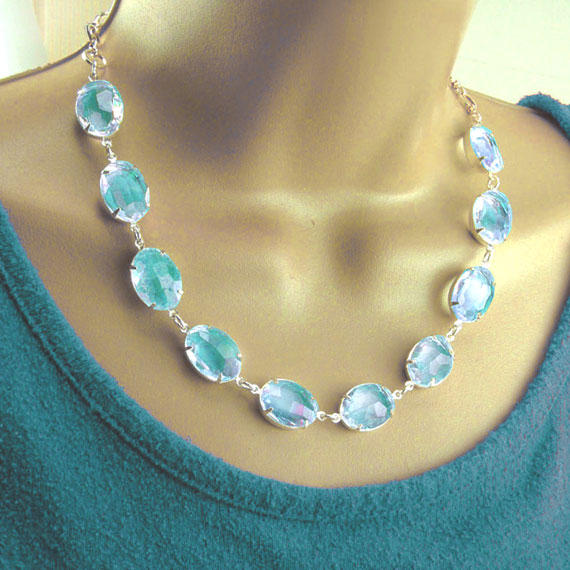 DIY necklace design idea featuring aqua sheer glass jewels and silver chain
