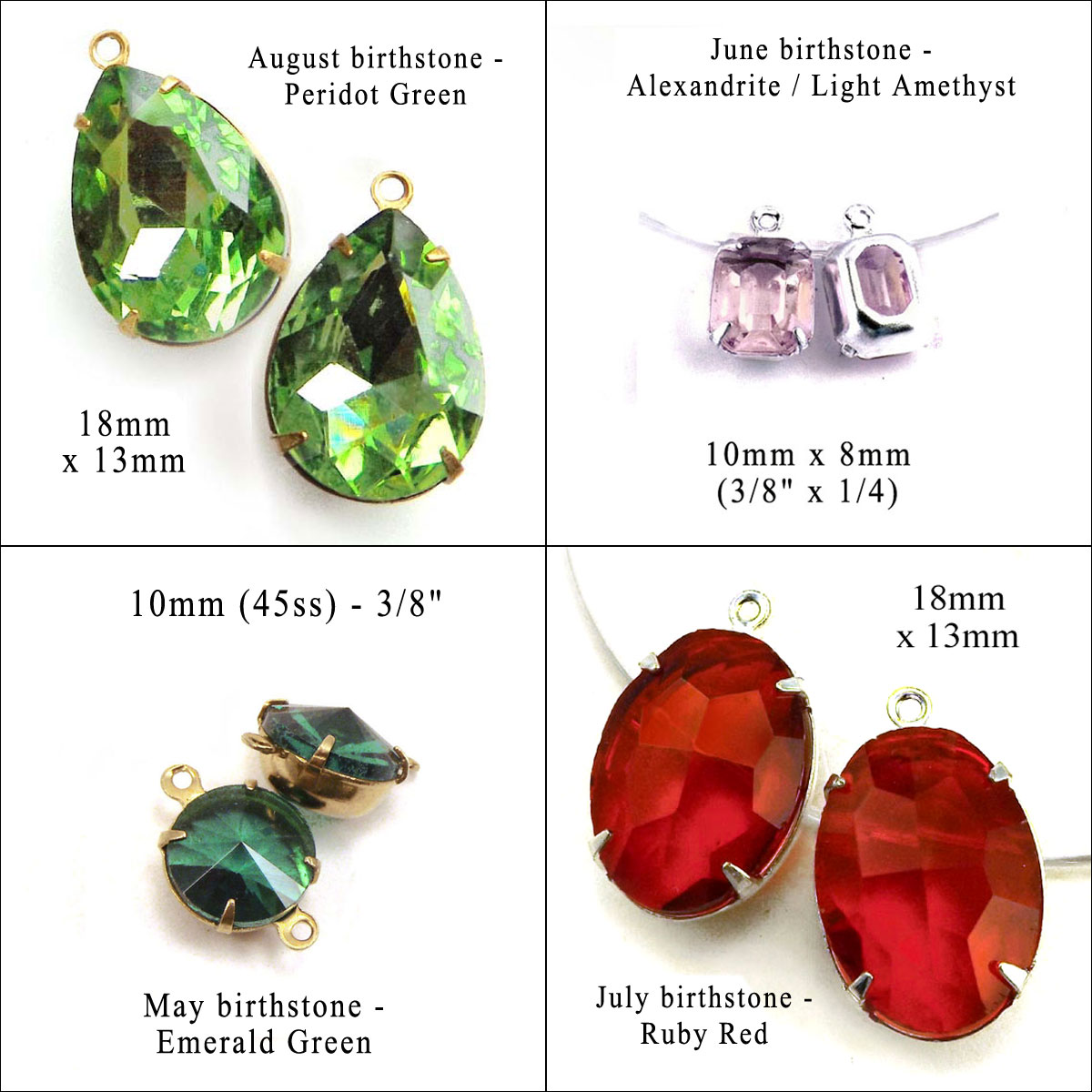 glass gems in birthstone colors for May through August