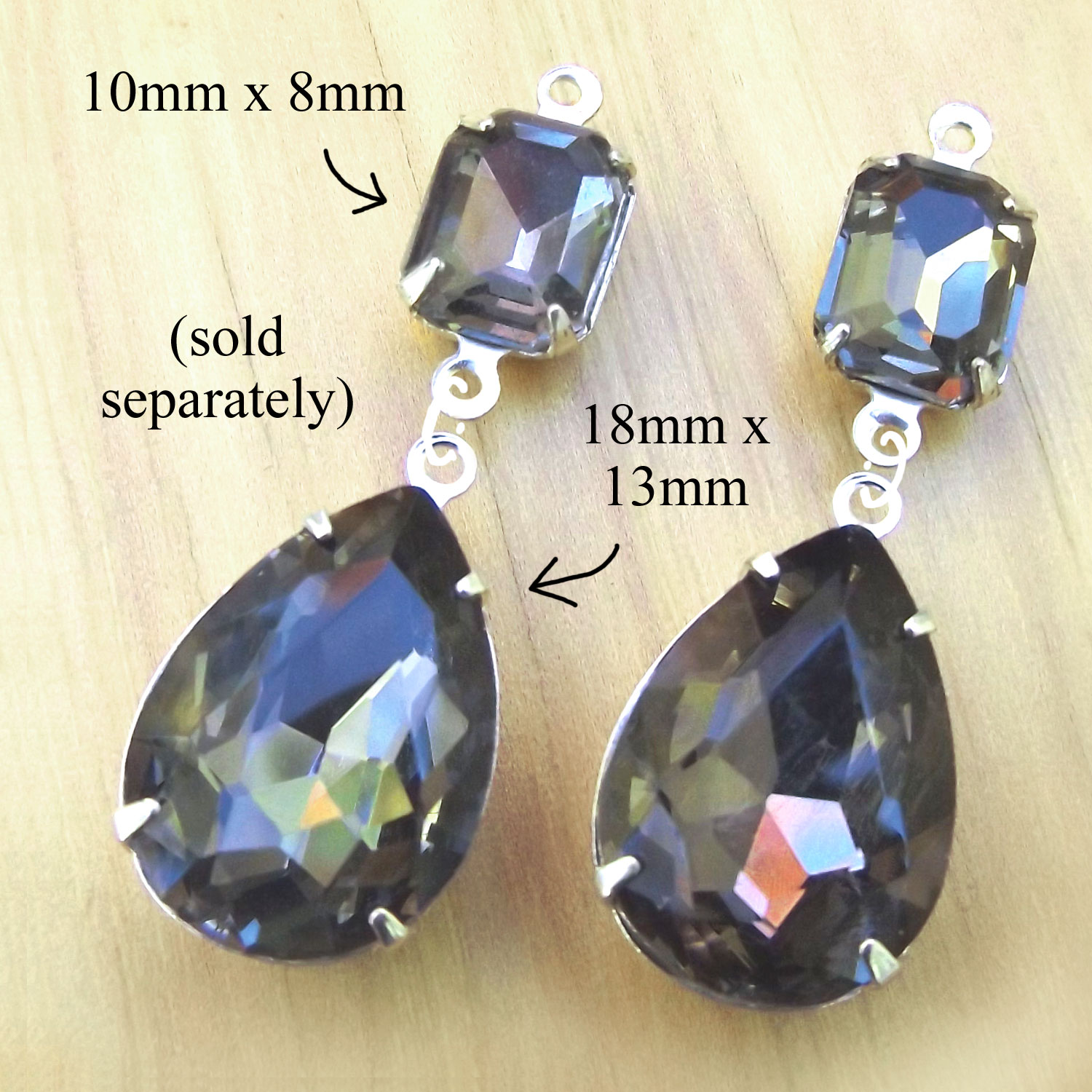 black diamond rhinestone teardrops paired with small faceted octagons for DIY earrings