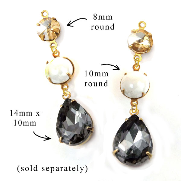 earring design idea featuring black diamond glass teardrops paired with neutral round glass gems