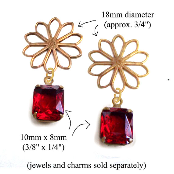 earring design idea featuring brass filigree flower connectors and 10x8mm rhinestone octagons... shown here in ruby red