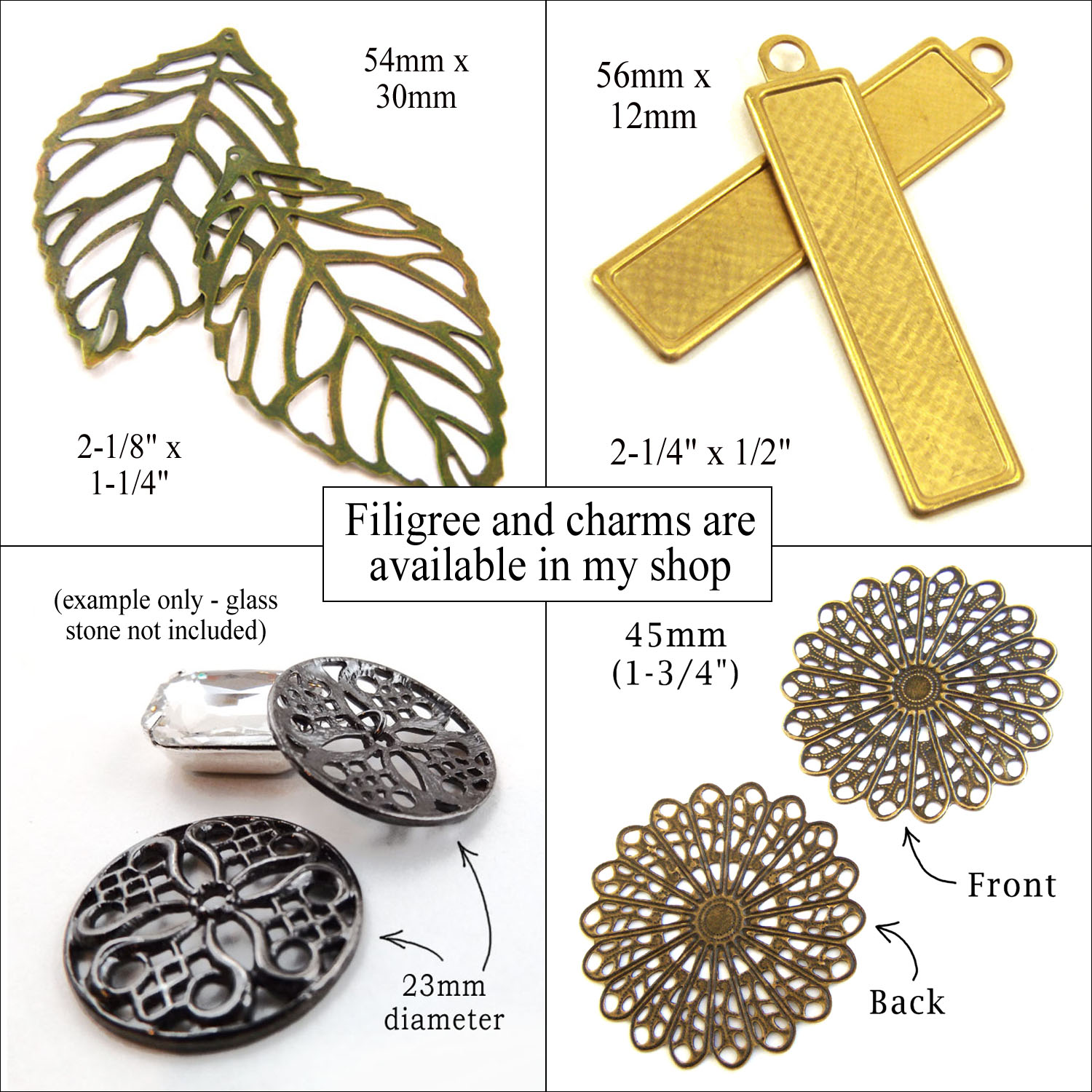 brass filigree and alloy charms available in my shop