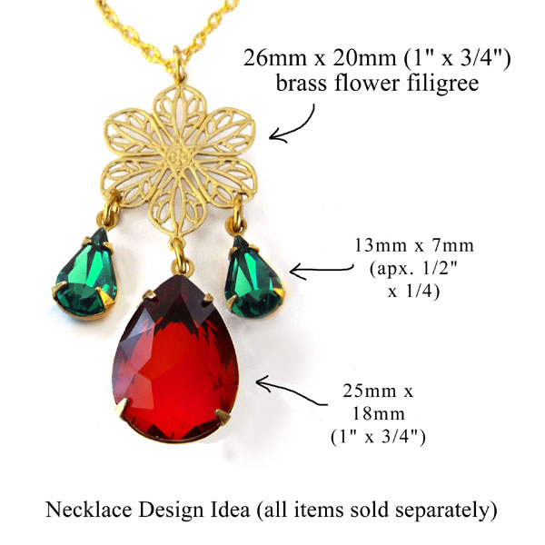christmas colors in glass teardrops combined with delicate brass filigree flower for a new necklace design idea