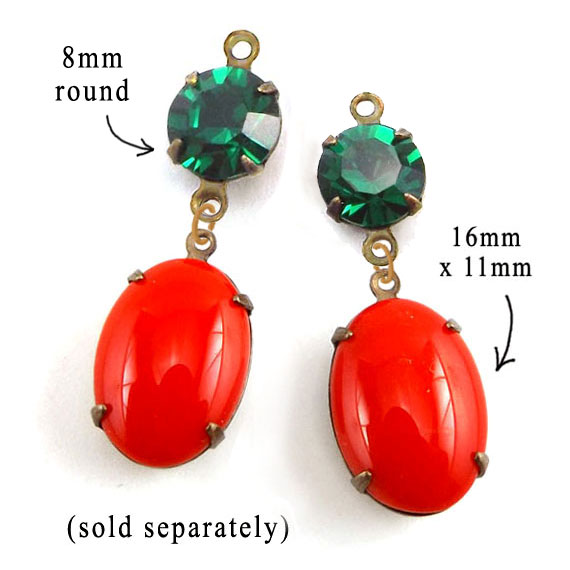 Christmas earring design idea featuring red vintage glass ovals and emerald green faceted chaton jewels