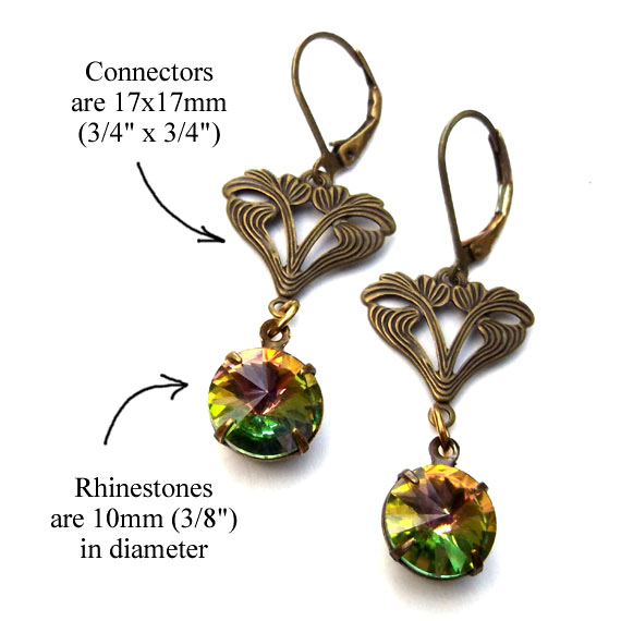 earring design idea featuring brass filigree connectors and round vitrail glass gems