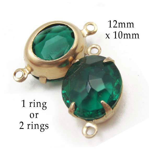 emerald green vintage glass jewels in golden raw brass settings