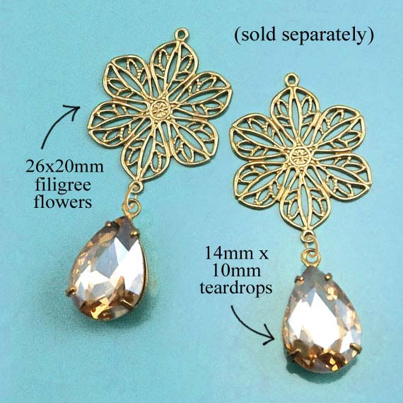 brass filigree flowers paired with light colorado topaz rhinestone teardrops ...to make terrific DIY earrings
