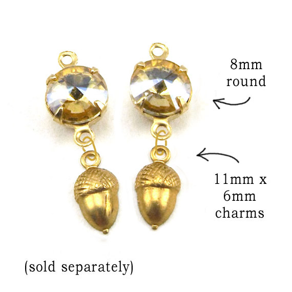 DIY earring design idea with tiny brass acorn charms and golden tan rhinestone jewels