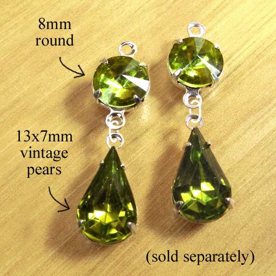 DIY earring design featuring olivine rivoli faceted round glass jewels paired with olivine vintage teardrops 