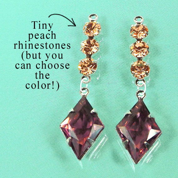 DIY earring design idea featuring amethyst vintage glass jewels and tiny peach rhinestones