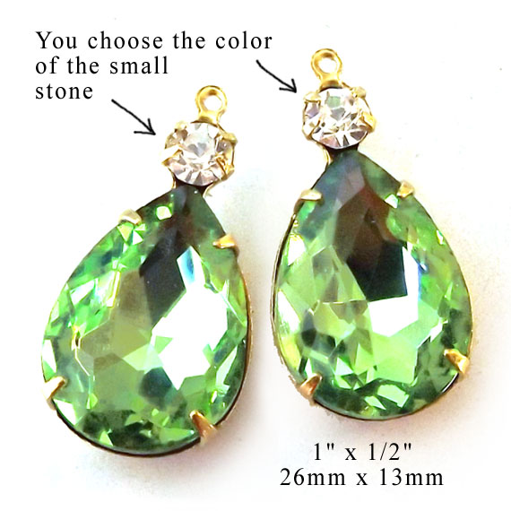 peridot green glass teardrops with tiny rhinestone jewels for DIY earrings or pendants