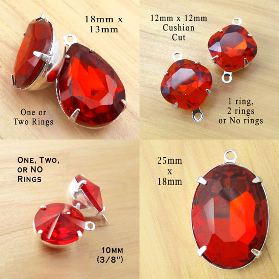 red glass beads and jewels including cushion cut octagon beads, teardrop earring jewels, large red oval pendant jewels, and pretty rivoli connector beads or stud earring jewels