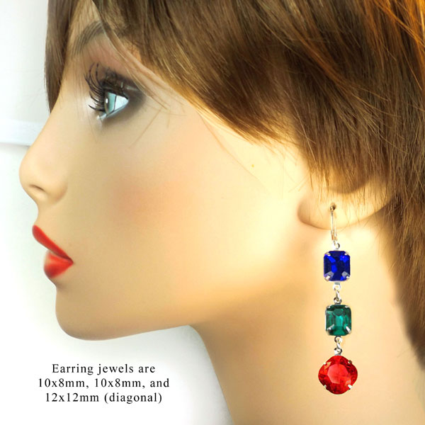 do it yourself earrings design idea featuring bright glass octagon jewels in vivid red, emerald green and sapphire blue