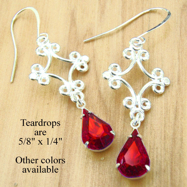 red glass teardrop and silver filigree earrings
