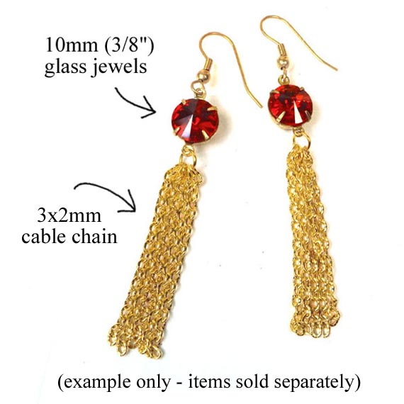 DIY earring design featuring round glass jewels and gold plated chain