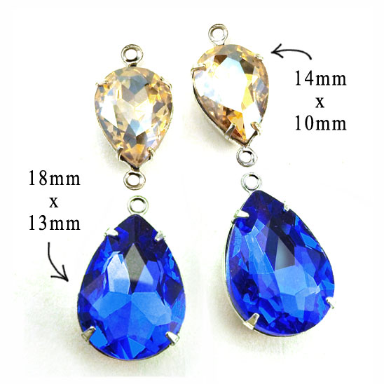 sapphire blue and light colorado topaz framed glass pear or teardrop beads