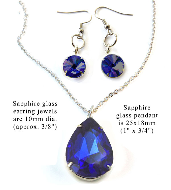 sapphire glass pendant and earring jewels in a DIY jewelry set