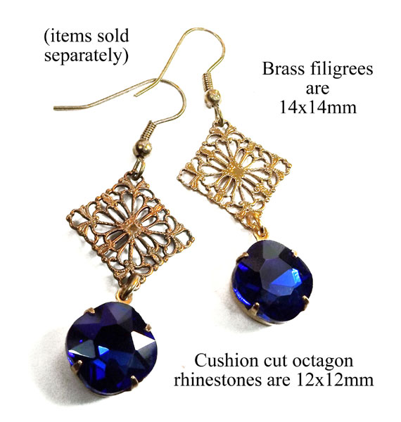 DIY earring design idea featuring sapphire blue cushion cut rhinestones paired with brass filigree ornaments