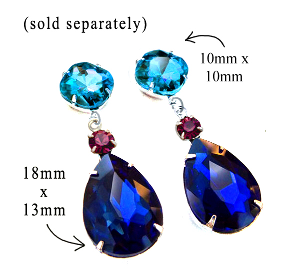 DIY earring design idea featuring sapphire rhinestone teardrops paired with amethyst and aqua glass jewels