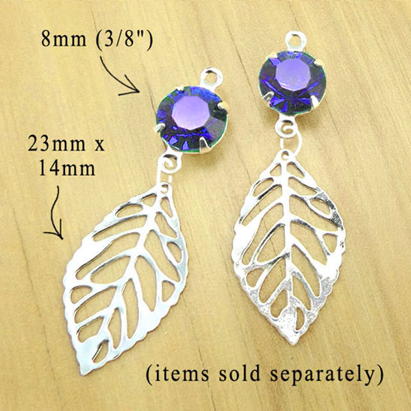 bridesmaid  earrings featuring silver plated leaf charms and sapphire glass gems