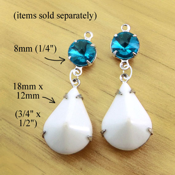 DIY earring design idea using white vintage glass teardrops and aqua rivoli faceted glass connector jewels