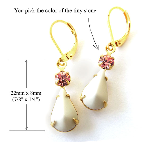 white vintage glass teardrops paired with pink rhinestones for DIY earrings