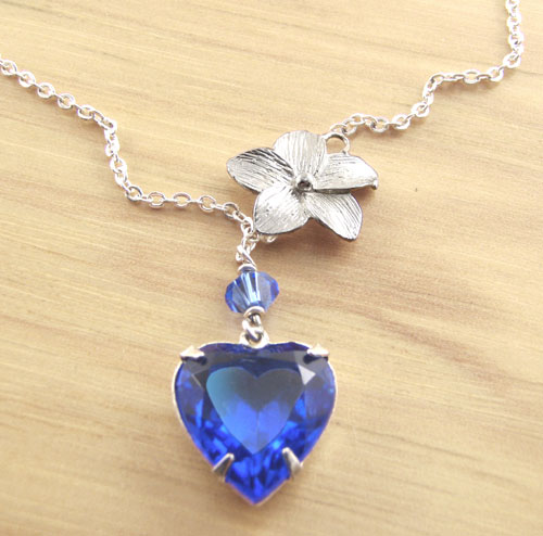 Sapphire Vintage Glass Heart Pendant with Silver Flower Ornament