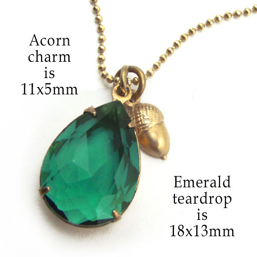 golden brass acorn charms added to emerald glass jewel necklace