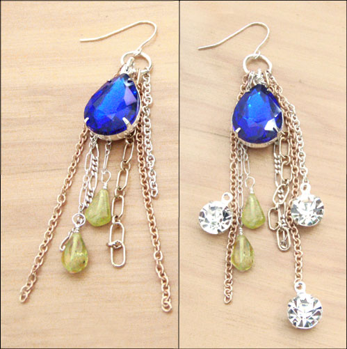 Sapphire Vintage Glass Pear Jewel Earrings with chains and green garnets
